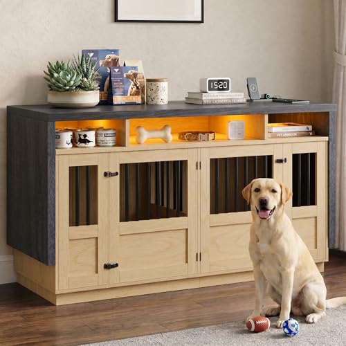Furniture Dog Crate, 71" Double Dog Crate Furniture Natural & Grey, view 6