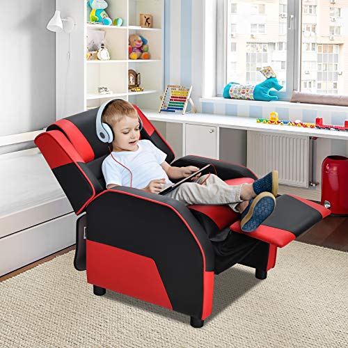Kids Recliner, Gaming Recliner Chair w/Footrest, Headrest & Lumbar Support, Ergonomic Leather Lounge Chair for Living & Gaming Room, Adjustable Racing Style Sofa for Children Boys Girls, Red