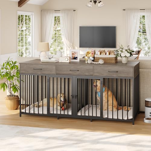 Double Dog Crate, 71" W Indoor Dog Kennel Furniture for 2 Dog, Grey, view 3