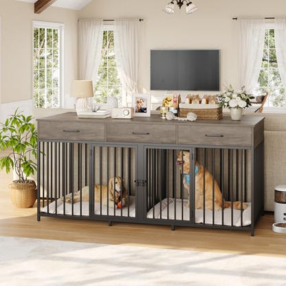 Double Dog Crate, 71" W Indoor Dog Kennel Furniture for 2 Dog, Grey, view 3