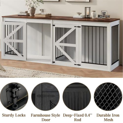 94in Double Dog Crate Furniture, Dog Kennel TV Stand, White, view 6