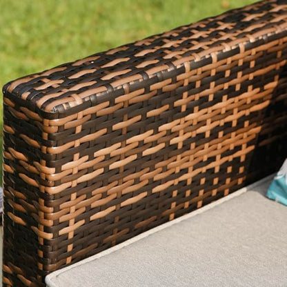 All-Weather Patio Chair, Single Brown Wicker Chair with Thick Gray Cushions & Teal Pillow, Outdoor Rocking Chair for Porch, Garden, Poolside