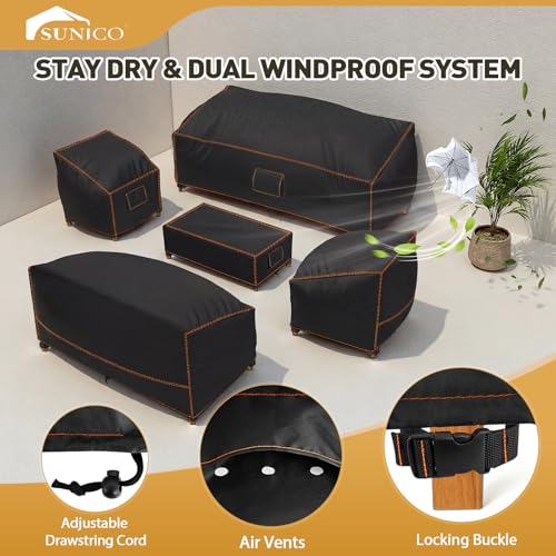 SUNICO Outdoor Patio Furniture Covers Set, 5 Piece Patio Covers for Outdoor Furniture Waterproof, 420D Patio Set Covers, UV Fade Protection, Tear-Resistant, Black