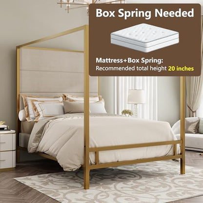 Queen Size Gold Metal Canopy Bed Frame, 76.5" Tall Linen Upholstered Headboard, view 6