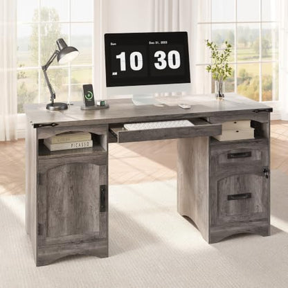 55'' Farmhouse Executive Desk with Drawers & Charging Station, Grey, view 2