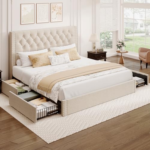 King Size Bed Frame with 4 Storage Drawers and Tufted Headboard Linen, view 9