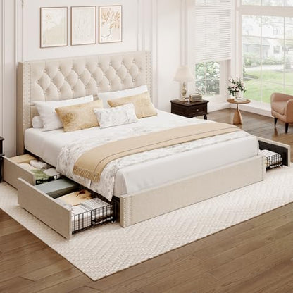 King Size Bed Frame with 4 Storage Drawers and Tufted Headboard Linen, view 9