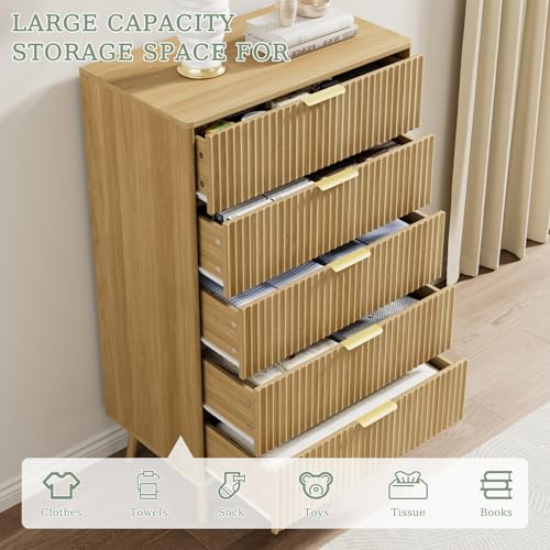 Fluted Dresser and Nightstand Sets 4 Piece, 2-Drawer Nightstands and 5/7 Drawers Dresser, Wood Bedroom Furniture Set for Home, Bedroom, Hallway, Oak