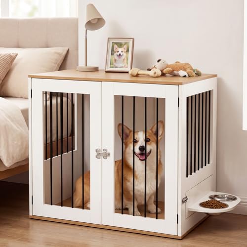 31.5” Dog Crate Furniture, Indoor Wooden Dog Kennel with Double Lock Doors, view 3