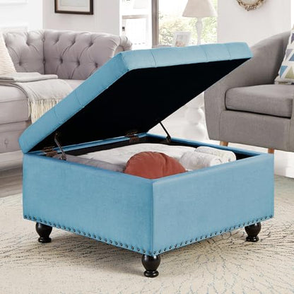 Linen Oversized Storage Ottoman,Large Square Ottoman Bench with Storage,Tufted Sofa Ottomans Footstool,Mid Century Modern Coffee Table for Living Room with Nailhead Trim (Light Blue)