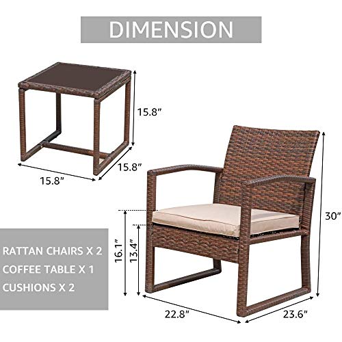3 Pieces Outdoor Patio Furniture Set, Outdoor Wicker Conversation Set, Patio Rattan Chair Set, Modern Bistro Set with Coffee Table, Garden Balcony Backyard Poolside (Brown)