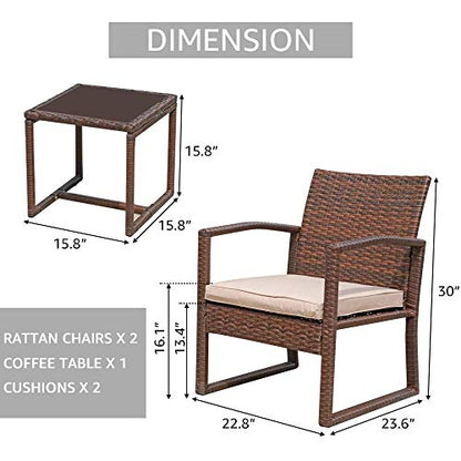3 Pieces Outdoor Patio Furniture Set, Outdoor Wicker Conversation Set, Patio Rattan Chair Set, Modern Bistro Set with Coffee Table, Garden Balcony Backyard Poolside (Brown)