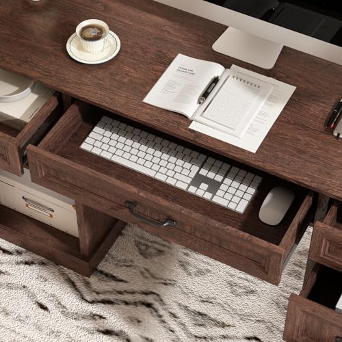 58'' Farmhouse Executive Desk with Drawers, Home Office Desk with File Drawer and Storage Cabinet, Rustic Computer Desk for Working, Studying, Writing, Brown