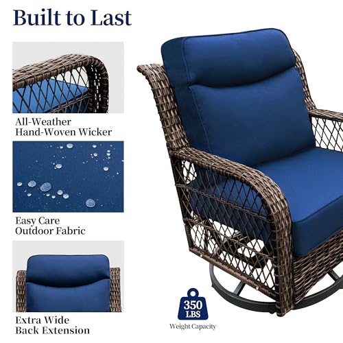 Outdoor Swivel Chairs 3 Piece Wicker Rocking Chairs Set Patio Furniture Set with Rattan Side Table Rocker Bistro Sets for Outside Porch Backyard (5" Thick Cushions and 25" Full Support Back)