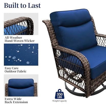 Outdoor Swivel Chairs 3 Piece Wicker Rocking Chairs Set Patio Furniture Set with Rattan Side Table Rocker Bistro Sets for Outside Porch Backyard (5" Thick Cushions and 25" Full Support Back)