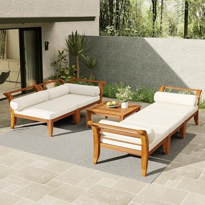 6 Pieces Patio Furniture Set, Outdoor L-Shaped Sectional Sofa Set with Coffee Table, Acacia Wood Conversation Seating & Cushions and Lumbar Pillows, for Garden, Poolside and Backyard, Teak+Beige