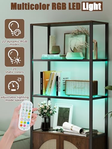 71" Tall Rattan Bookcase with LED Light, 3 Open Shelves & 2 Door Storage Cabinet, Mid Century Boho Bookshelf, Open Display Bookcase for Living Room, Home Office, Bedroom