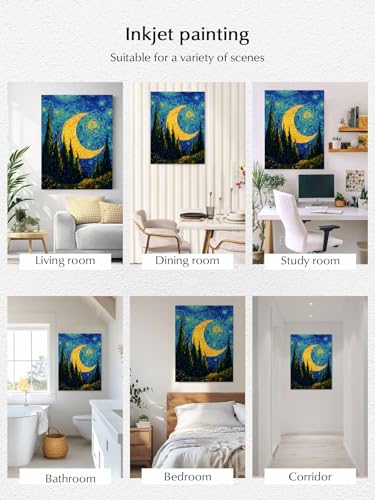 NuYeBiofx Abstract Moon Night Valley Forest Canvas Wall Art Prints,48"x32" Framed Picture Artwork Mystical Impressionist Art Printed Canvas Oil Painting for Living Room Bedroom Office,Ready to Hang