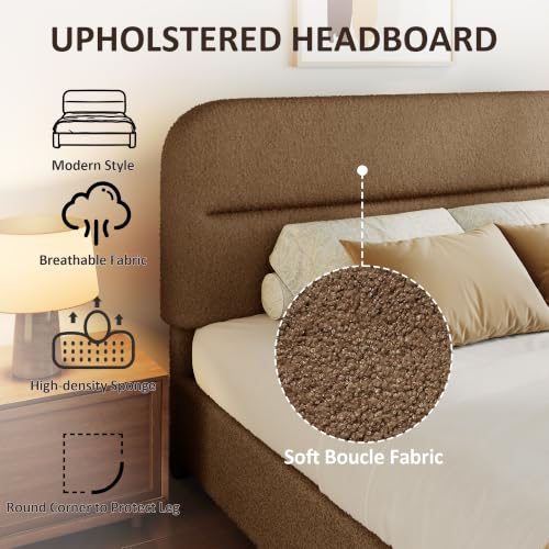 WEUP Queen Upholstered Bed Frame, Brown Cloud Boucle Bed with Headboard, view 4