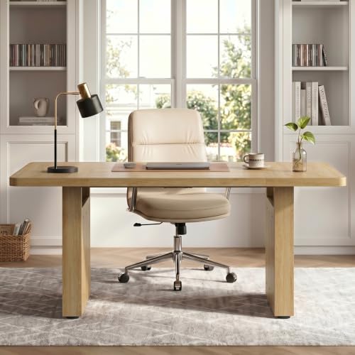 63 Inch Wood Executive Desk, Fluted Office Desk Natural Oak, view 7