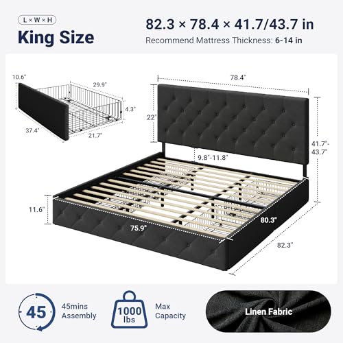Upholstered King Size Platform Bed Frame with 4 Storage Drawers and Headboard, view 3