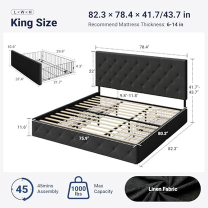Upholstered King Size Platform Bed Frame with 4 Storage Drawers and Headboard, view 3