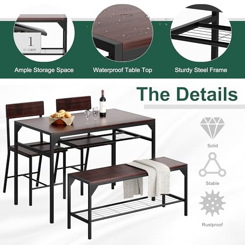 Kitchen Table Chairs Set of 4, Dining Table Set for 4 with Bench and Chairs, 4 Pieces Kitchen Table Set with Storage Rack & Metal Frame for Small Space, Dark Walnut