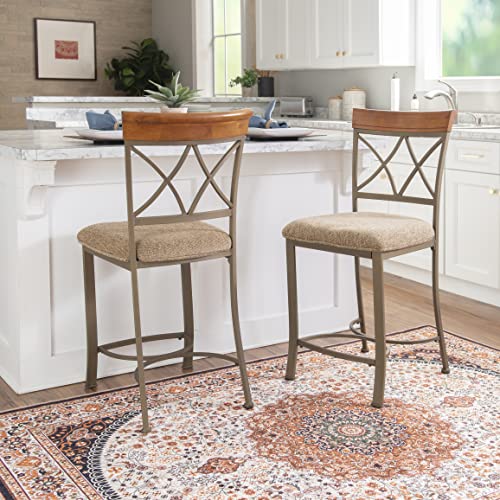 Powell Hamilton Metal 24.5 Inch Seat Height Counter Stool with Beige Upholstered Seat and Cherry Wood Accented Back