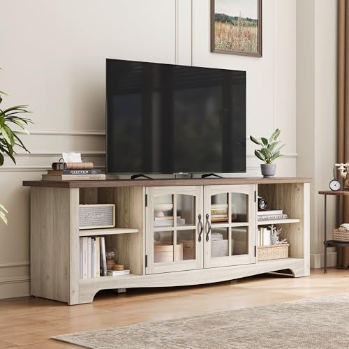 TV Stand for 75 Inch TV, Modern Farmhouse Entertainment Center with Storage Cabinets and Glass Doors, Tall Media Console Table for Living Room, Bedroom, Large Long Television Stand, Beige
