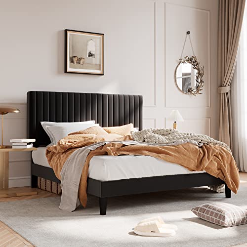 Queen Velvet Platform Bed Black, view 4