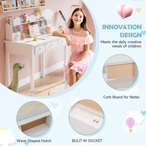 Writing Desk With Hutch, 36" Small White 5 Drawer Girls Desk, Pre-installed, view 5