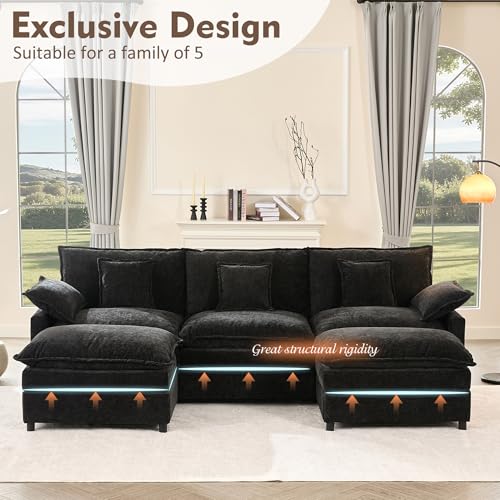 108" U-Shaped Modular Cloud Couch, Deep Seat, Chenille Black | Cloud Comfort, Couches for Living Room, Removable & Machine-Washable Covers, Movable Ottoman, Modular Sectional Sofa