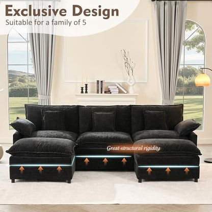 108" U-Shaped Modular Cloud Couch, Deep Seat, Chenille Black | Cloud Comfort, Couches for Living Room, Removable & Machine-Washable Covers, Movable Ottoman, Modular Sectional Sofa