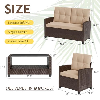 4 Piece Patio Furniture Set, Outdoor Rattan Conversation Set with Coffee Table, Outside Wicker Sectional Sofa Couch with Cushion, Brown and Khaki