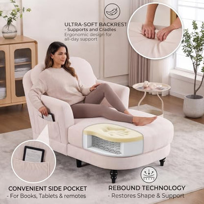 Chaise Lounge Chair Indoor, 59.8" Oversized Couch Reading Chairs，Chenille Comfortable Deep Sleeping Single Sofa, Upholstered Modern Couch Sofa Bed for Living Room, Bedroom & Apartment (Beige)