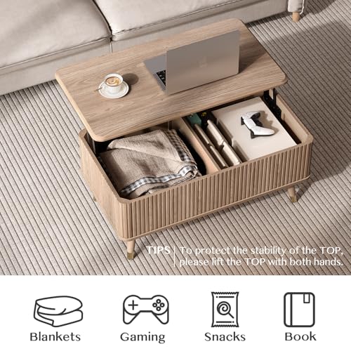 Lift Top Coffee Table with Storage, Mid Century Modern Rectangular Center Table, Fluted Design with Hidden Compartment, Rising Desk for Work from Home, Living Room Furniture, Oak Finish