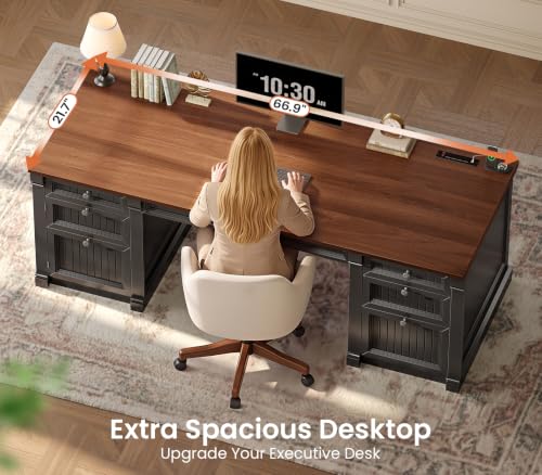 67" Office Executive Desk with 4 Drawers, Storage Cabinet & Outlet, view 5
