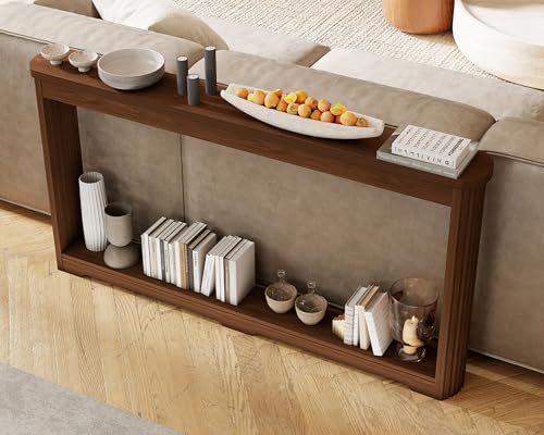 Modern 70 Inch Entryway Table Narrow - Behind Sofa Table Narrow, 8 Inch Deep Console Table Behind Couch with Open Storage, Walnut Entryway Table for Hallway, Foyer, Living Room