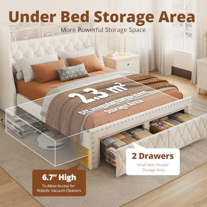 Queen Size Bed Frame with 3-Tier Storage & Headboard Load 1000lbs, view 6