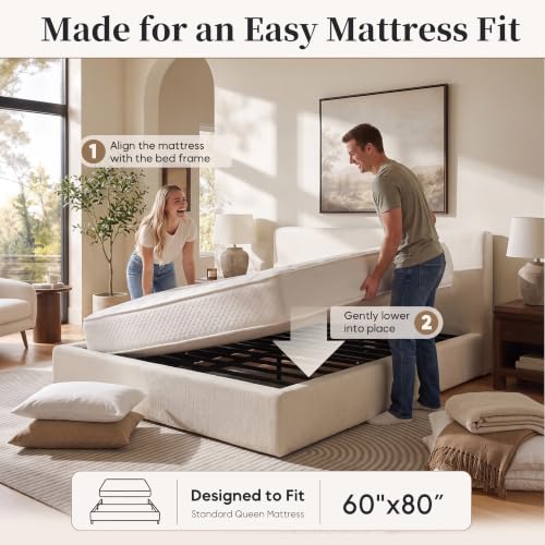 Queen Upholstered Platform Boneless Cloud Bed Frame with Headboard, Beige, view 6
