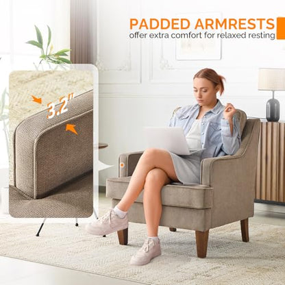 Mid-Century Accent Chairs Set of 2, Light Brown Upholstered Armchair Comfy Sofa Chairs Reading Chair High Back Living Room Bedroom Furniture for Apartment