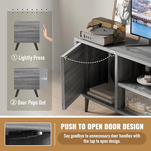 Mid Century Modern TV Stand for 65 inch TV, Entertainment Center with Storage, Media Console with Sturdy Legs, Push-to-Open Cabinets, Wooden Living Room Furniture, Bright Gray