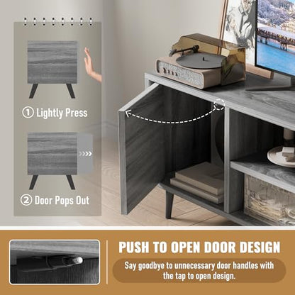 Mid Century Modern TV Stand for 65 inch TV, Entertainment Center with Storage, Media Console with Sturdy Legs, Push-to-Open Cabinets, Wooden Living Room Furniture, Bright Gray