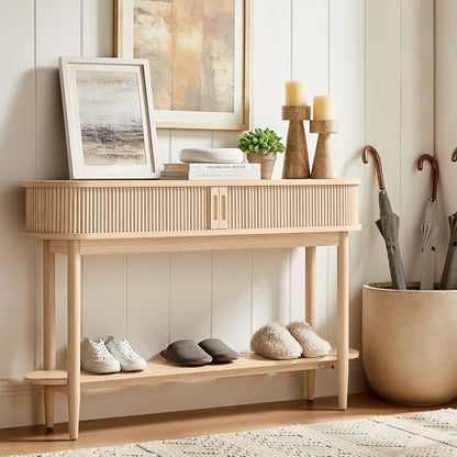 Fluted Console Table, Mid-Century Modern Entryway Cabinet with Sliding Tambour Doors, Narrow Long Sofa Table, Behind-The-Couch Table for Living Room, Hallway (Light Oak)