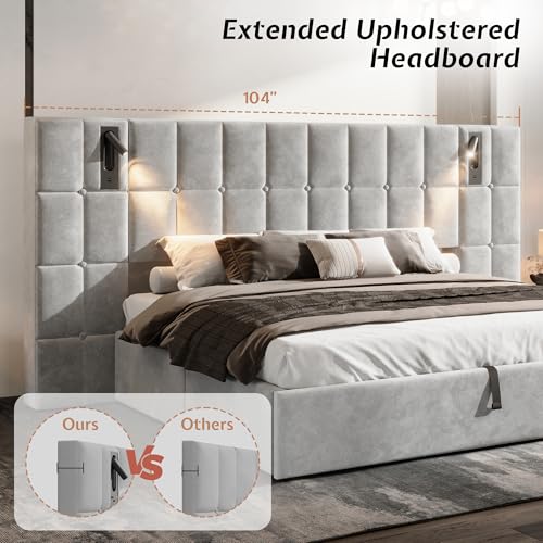 King Bed Frame Velvet Upholstered with Lift-Up Storage, Gray, view 5