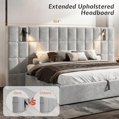 King Bed Frame Velvet Upholstered with Lift-Up Storage, Gray, view 5