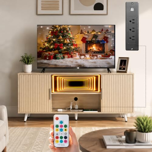 55" Fluted Small Walnut TV Stand with Outlet & Fireplace Light, view 2