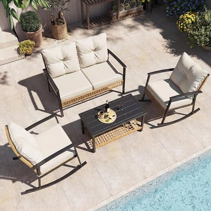 4-Piece Patio Conversation Set, Comfortable Oversized Outdoor Furniture Set with Rocking Chairs and Storage Coffee Table for Backyard, Porch, Garden and Poolside
