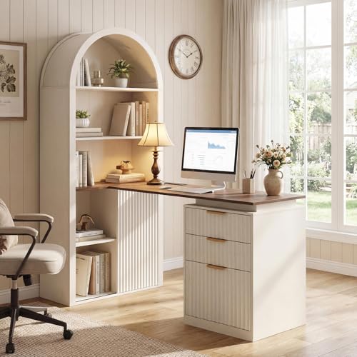 61" L Shaped Desk with Arched Hutch, White Corner Computer Desk with Power Outlets, 3 Drawers, File Cabinet and Sliding Door Storage for Home Office