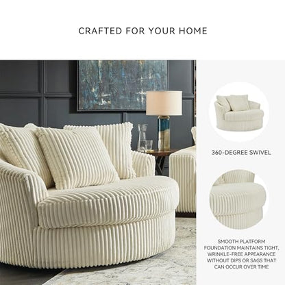 Signature Design by Ashley Lindyn 58-Inch Oversized Swivel Accent Chair, Ivory, Arrives Fully Assembled, Wide-Cord Polyester Velvet, Cozy Lounger for Living Room
